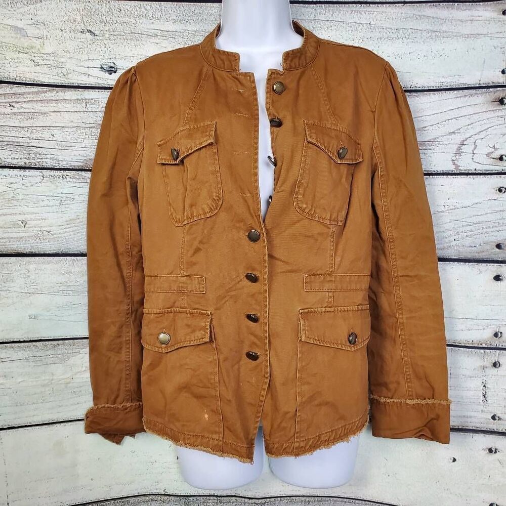 Maurices XS Brown Military Utility Jacket Raw Hem Button Front Cotton Blend